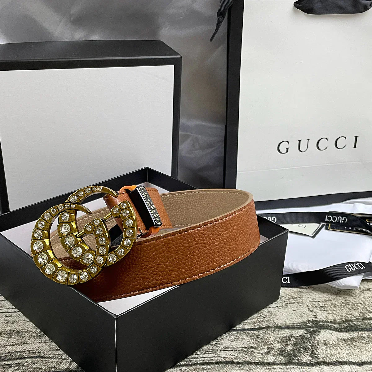 2025 belt 4 Colors  double-G rhinestone double-sided lychee pattern belt