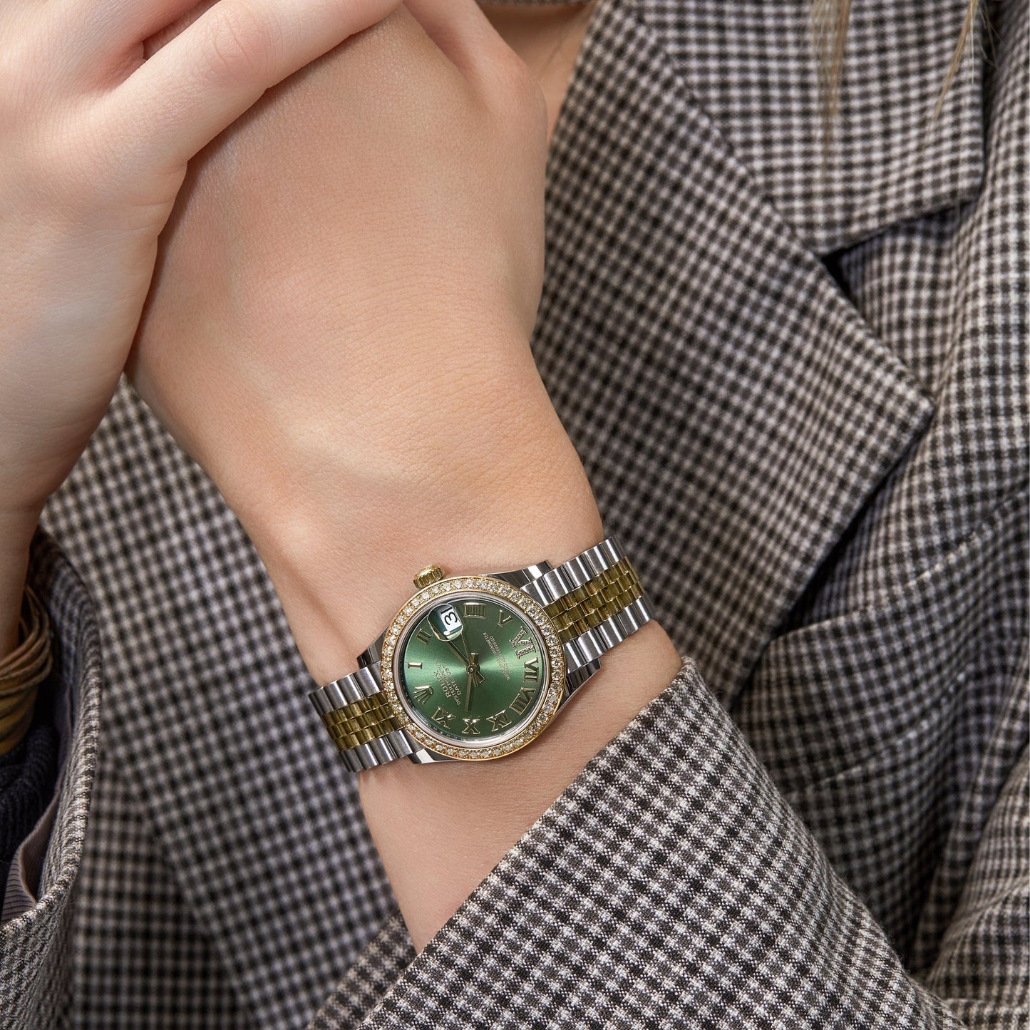 2025 Watch Datejust 278383RBR Two-Toned Yellow Gold Stainless Steel Green Roman Dial Diamond Bezel